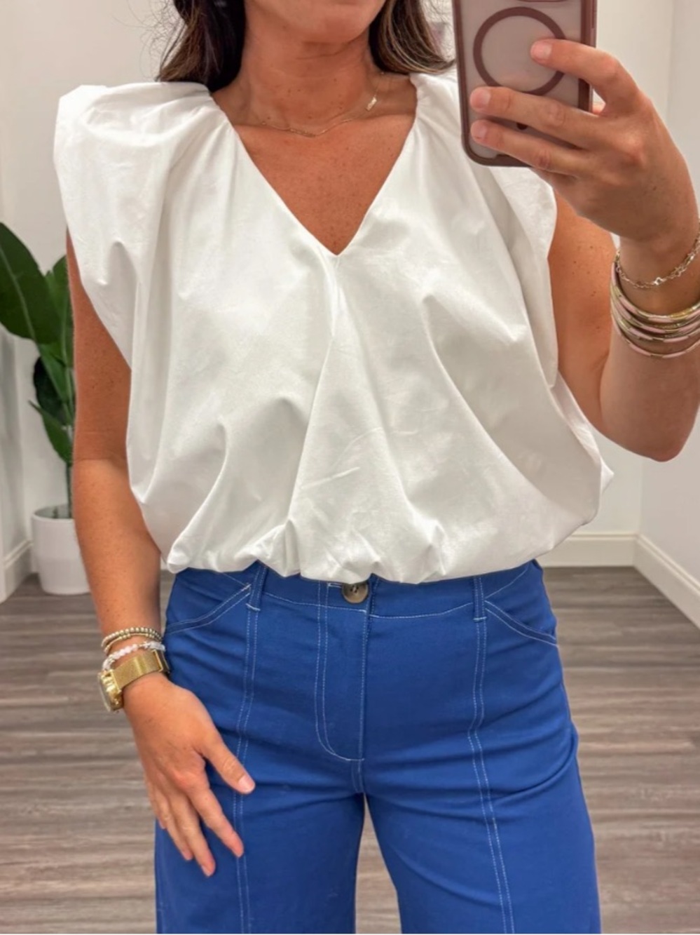 Karlie White Poplin V-Neck Bubble Top